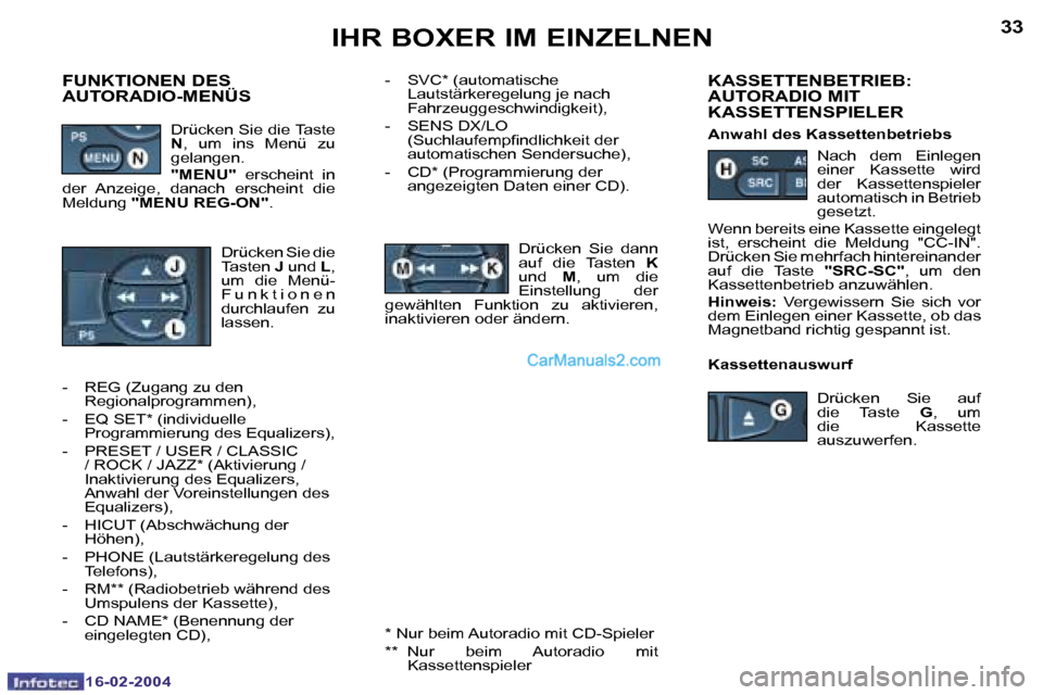 Peugeot Boxer 2004  Betriebsanleitung (in German) �3�2
�1�6�-�0�2�-�2�0�0�4
�3�3
�1�6�-�0�2�-�2�0�0�4
�-�  �S�V�C�*� �(�a�u�t�o�m�a�t�i�s�c�h�e� �L�a�u�t�s�t�ä�r�k�e�r�e�g�e�l�u�n�g� �j�e� �n�a�c�h�  
�F�a�h�r�z�e�u�g�g�e�s�c�h�w�i�n�d�i�g�k�e�i�t�)