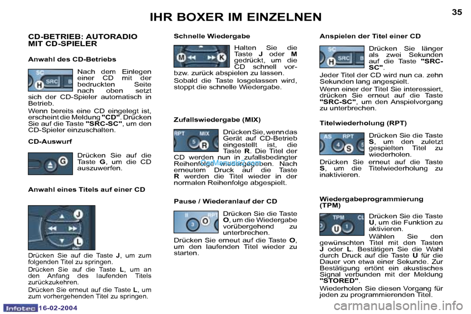 Peugeot Boxer 2004  Betriebsanleitung (in German) �3�4
�1�6�-�0�2�-�2�0�0�4
�3�5
�1�6�-�0�2�-�2�0�0�4
�I�H�R� �B�O�X�E�R� �I�M� �E�I�N�Z�E�L�N�E�N
�C�D�-�B�E�T�R�I�E�B�:� �A�U�T�O�R�A�D�I�O�  
�M�I�T� �C�D�-�S�P�I�E�L�E�R
�A�n�w�a�h�l� �d�e�s� �C�D�-