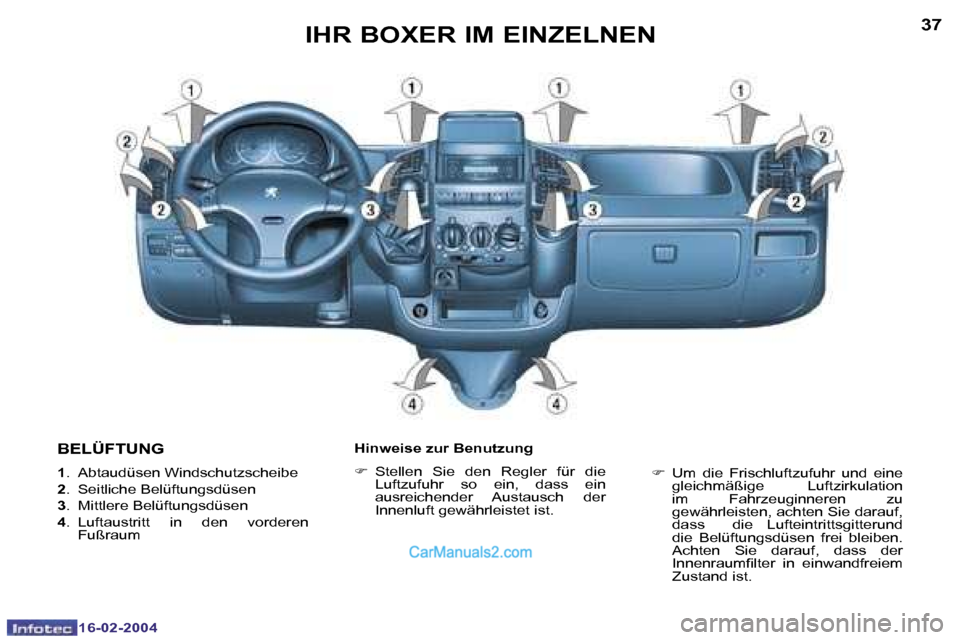 Peugeot Boxer 2004  Betriebsanleitung (in German) �3�6
�1�6�-�0�2�-�2�0�0�4
�3�7
�1�6�-�0�2�-�2�0�0�4
�I�H�R� �B�O�X�E�R� �I�M� �E�I�N�Z�E�L�N�E�N
�B�E�L�Ü�F�T�U�N�G
�1 �.�  �A�b�t�a�u�d�ü�s�e�n� �W�i�n�d�s�c�h�u�t�z�s�c�h�e�i�b�e
�2 �.�  �S�e�i�t�
