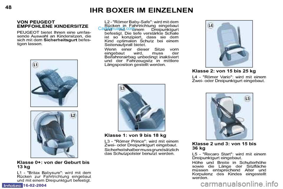 Peugeot Boxer 2004  Betriebsanleitung (in German) �4�8
�1�6�-�0�2�-�2�0�0�4
�4�9
�1�6�-�0�2�-�2�0�0�4
�I�H�R� �B�O�X�E�R� �I�M� �E�I�N�Z�E�L�N�E�N
�K�l�a�s�s�e� �0�+�:� �v�o�n� �d�e�r� �G�e�b�u�r�t� �b�i�s�  
�1�3� �k�g
�L�1�  �-�  �"�B�r�i�t�a�x�  �
