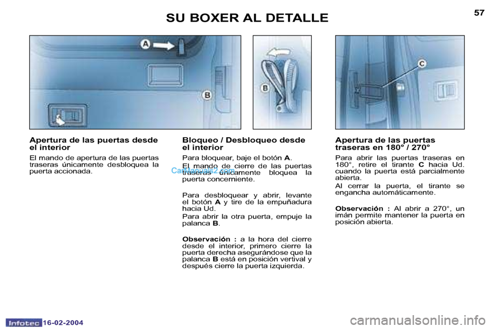 Peugeot Boxer 2004  Manual del propietario (in Spanish) �5�6
�1�6�-�0�2�-�2�0�0�4
�5�7
�1�6�-�0�2�-�2�0�0�4
�S�U� �B�O�X�E�R� �A�L� �D�E�T�A�L�L�E
�A�p�e�r�t�u�r�a� �d�e� �l�a�s� �p�u�e�r�t�a�s�  
�t�r�a�s�e�r�a�s� �e�n� �1�8�0�°� �/� �2�7�0�°
�P�a�r�a� 