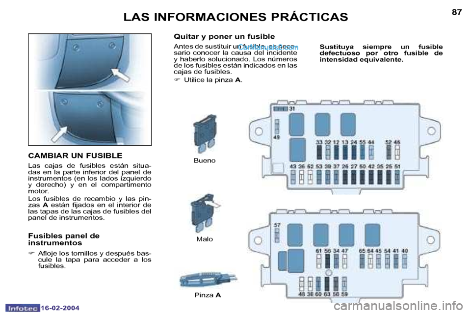 Peugeot Boxer 2004  Manual del propietario (in Spanish) �8�6
�1�6�-�0�2�-�2�0�0�4
�8�7
�1�6�-�0�2�-�2�0�0�4
�L�A�S� �I�N�F�O�R�M�A�C�I�O�N�E�S� �P�R�Á�C�T�I�C�A�S
�C�A�M�B�I�A�R� �U�N� �F�U�S�I�B�L�E
�L�a�s�  �c�a�j�a�s�  �d�e�  �f�u�s�i�b�l�e�s�  �e�s�t�