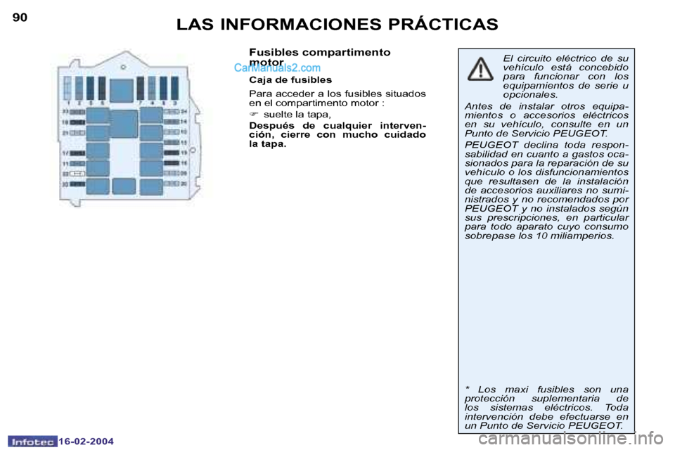 Peugeot Boxer 2004  Manual del propietario (in Spanish) �9�0
�1�6�-�0�2�-�2�0�0�4
�9�1
�1�6�-�0�2�-�2�0�0�4
�L�A�S� �I�N�F�O�R�M�A�C�I�O�N�E�S� �P�R�Á�C�T�I�C�A�S
�F�u�s�i�b�l�e�s� �c�o�m�p�a�r�t�i�m�e�n�t�o�  
�m�o�t�o�r
�C�a�j�a� �d�e� �f�u�s�i�b�l�e�s 