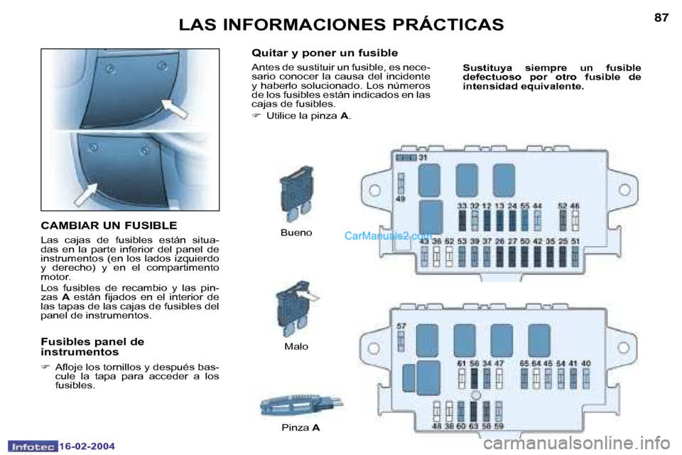 Peugeot Boxer 2004  Manual del propietario (in Spanish) �8�6
�1�6�-�0�2�-�2�0�0�4
�8�7
�1�6�-�0�2�-�2�0�0�4
�L�A�S� �I�N�F�O�R�M�A�C�I�O�N�E�S� �P�R�Á�C�T�I�C�A�S
�C�A�M�B�I�A�R� �U�N� �F�U�S�I�B�L�E
�L�a�s�  �c�a�j�a�s�  �d�e�  �f�u�s�i�b�l�e�s�  �e�s�t�
