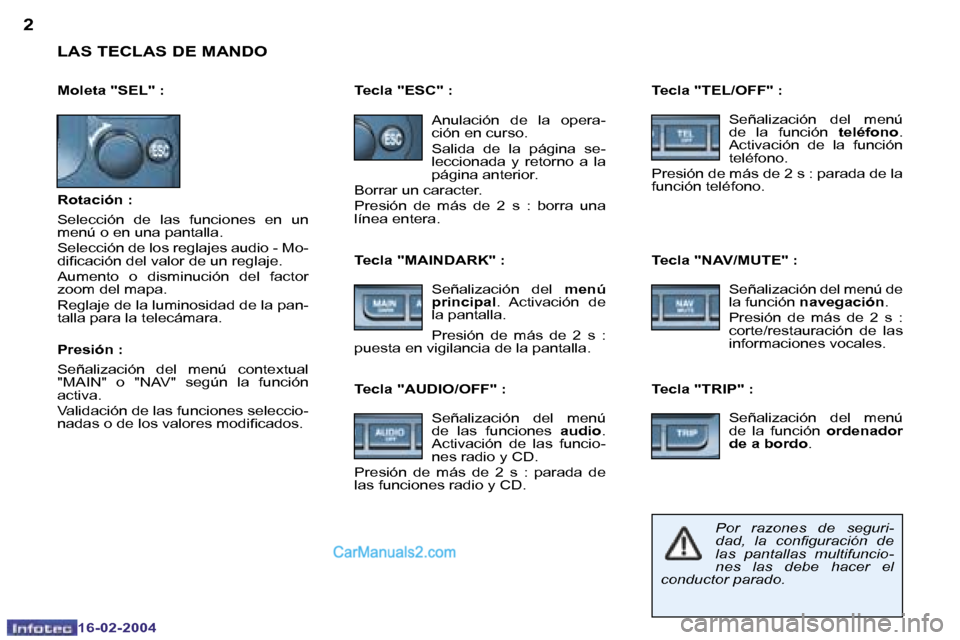 Peugeot Boxer 2004  Manual del propietario (in Spanish) �2
�1�6�-�0�2�-�2�0�0�4
�3
�1�6�-�0�2�-�2�0�0�4
�L�A�S� �T�E�C�L�A�S� �D�E� �M�A�N�D�O
�R�o�t�a�c�i�ó�n� �: 
�S�e�l�e�c�c�i�ó�n�  �d�e�  �l�a�s�  �f�u�n�c�i�o�n�e�s�  �e�n�  �u�n�  
�m�e�n�ú� �o� �