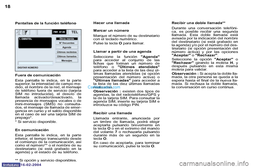 Peugeot Boxer 2004  Manual del propietario (in Spanish) �1�8
�1�6�-�0�2�-�2�0�0�4
�1�9
�1�6�-�0�2�-�2�0�0�4
�P�a�n�t�a�l�l�a�s� �d�e� �l�a� �f�u�n�c�i�ó�n� �t�e�l�é�f�o�n�o�H�a�c�e�r� �u�n�a� �l�l�a�m�a�d�a 
�M�a�r�c�a�r� �u�n� �n�ú�m�e�r�o 
�M�a�r�q�u�