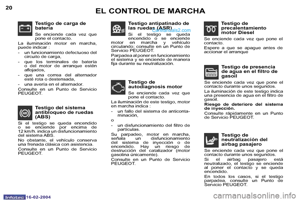 Peugeot Boxer 2004  Manual del propietario (in Spanish) �2�0
�1�6�-�0�2�-�2�0�0�4
�2�1
�1�6�-�0�2�-�2�0�0�4
�T�e�s�t�i�g�o� �d�e� �c�a�r�g�a� �d�e�  
�b�a�t�e�r�í�a
�S�e�  �e�n�c�i�e�n�d�e�  �c�a�d�a�  �v�e�z�  �q�u�e�  
�p�o�n�e� �e�l� �c�o�n�t�a�c�t�o�.