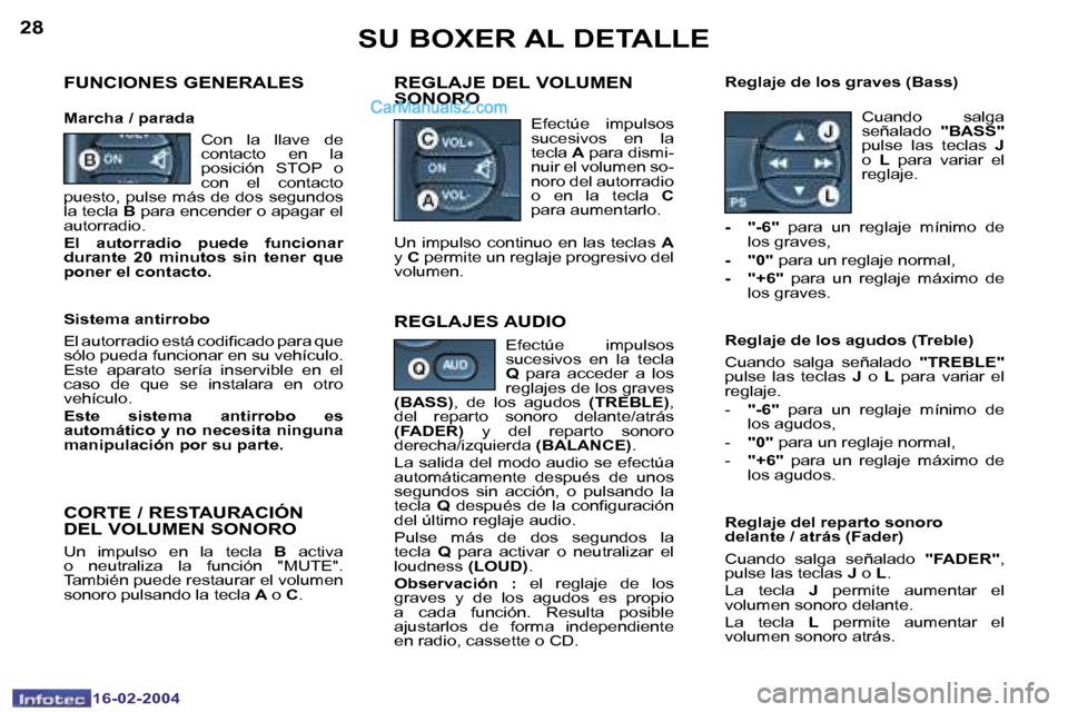 Peugeot Boxer 2004  Manual del propietario (in Spanish) �2�8
�1�6�-�0�2�-�2�0�0�4
�2�9
�1�6�-�0�2�-�2�0�0�4
�S�U� �B�O�X�E�R� �A�L� �D�E�T�A�L�L�E
�F�U�N�C�I�O�N�E�S� �G�E�N�E�R�A�L�E�S
�M�a�r�c�h�a� �/� �p�a�r�a�d�a
�R�E�G�L�A�J�E� �D�E�L� �V�O�L�U�M�E�N�