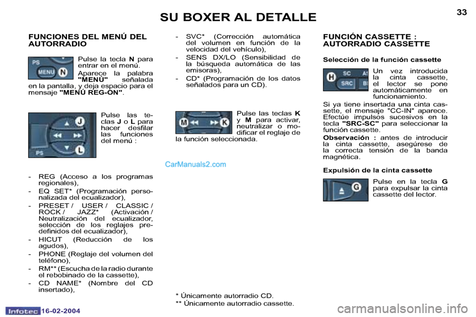 Peugeot Boxer 2004  Manual del propietario (in Spanish) �3�2
�1�6�-�0�2�-�2�0�0�4
�3�3
�1�6�-�0�2�-�2�0�0�4
�-�  �S�V�C�*�  �(�C�o�r�r�e�c�c�i�ó�n�  �a�u�t�o�m�á�t�i�c�a� �d�e�l�  �v�o�l�u�m�e�n�  �e�n�  �f�u�n�c�i�ó�n�  �d�e�  �l�a�  
�v�e�l�o�c�i�d�a�
