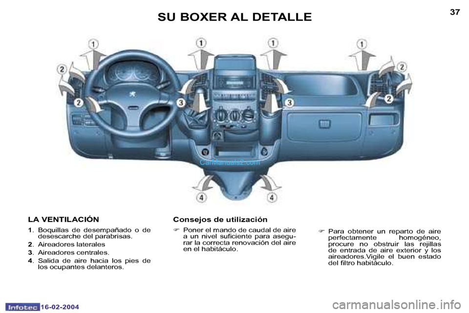 Peugeot Boxer 2004  Manual del propietario (in Spanish) �3�6
�1�6�-�0�2�-�2�0�0�4
�3�7
�1�6�-�0�2�-�2�0�0�4
�S�U� �B�O�X�E�R� �A�L� �D�E�T�A�L�L�E
�L�A� �V�E�N�T�I�L�A�C�I�Ó�N
�1 �.�  �B�o�q�u�i�l�l�a�s�  �d�e�  �d�e�s�e�m�p�a�ñ�a�d�o�  �o�  �d�e� 
�d�e�