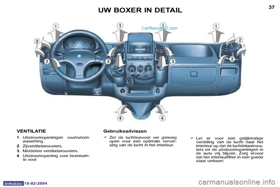 Peugeot Boxer 2004  Handleiding (in Dutch) �3�6
�1�6�-�0�2�-�2�0�0�4
�3�7
�1�6�-�0�2�-�2�0�0�4
�U�W� �B�O�X�E�R� �I�N� �D�E�T�A�I�L
�V�E�N�T�I�L�A�T�I�E
�1 �.�  �U�i�t�s�t�r�o�o�m�o�p�e�n�i�n�g�e�n�  �v�o�o�r�r�u�i�t�o�n�t�-
�w�a�s�e�m�i�n�g�.