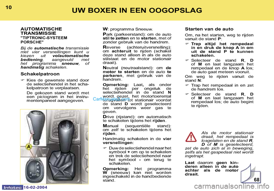 Peugeot Boxer 2004  Handleiding (in Dutch) �6�8
�1�0
�1�6�-�0�2�-�2�0�0�4
�1�1
�1�6�-�0�2�-�2�0�0�4
�U�W� �B�O�X�E�R� �I�N� �E�E�N� �O�O�G�O�P�S�L�A�G
�S�t�a�r�t�e�n� �v�a�n� �d�e� �a�u�t�o
�O�m�,� �n�a� �h�e�t� �s�t�a�r�t�e�n�,� �w�e�g� �t�e�