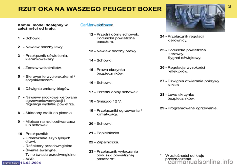 Peugeot Boxer 2004  Instrukcja Obsługi (in Polish) �2
�1�6�-�0�2�-�2�0�0�4
�3
�1�6�-�0�2�-�2�0�0�4
�K�o�m�b�i�:� �m�o�d�e�l� �d�o�s�t
�p�n�y� �w�  
�z�a�l�eG�n�o�c�i� �o�d� �k�r�a�j�u�. 
�1�  �-� �S�c�h�o�w�k�i�.
�2�  �-�  �N�a�w�i�e�w� �b�o�c�z�n