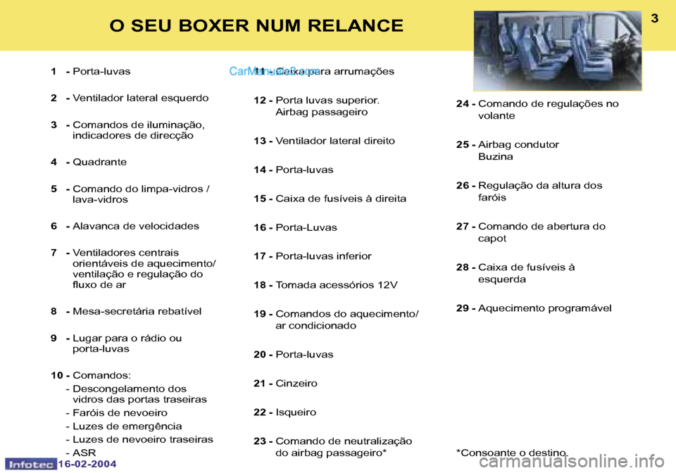Peugeot Boxer 2004  Manual do proprietário (in Portuguese) �2
�1�6�-�0�2�-�2�0�0�4
�3
�1�6�-�0�2�-�2�0�0�4
�1�  �-� �P�o�r�t�a�-�l�u�v�a�s
�2�  �-�  �V�e�n�t�i�l�a�d�o�r� �l�a�t�e�r�a�l� �e�s�q�u�e�r�d�o
�3�  �-�  �C�o�m�a�n�d�o�s� �d�e� �i�l�u�m�i�n�a�ç�ã�
