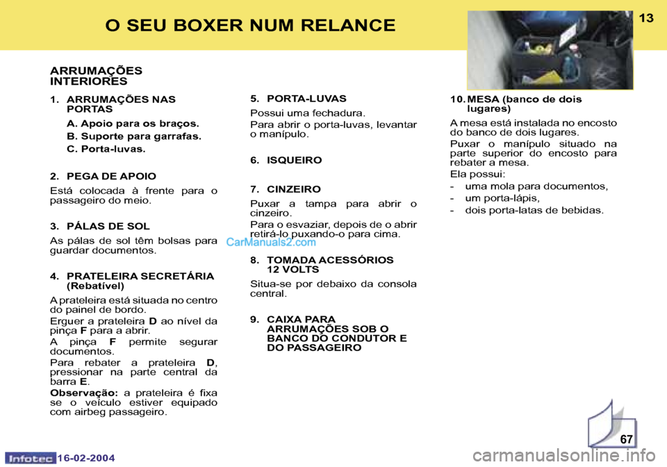 Peugeot Boxer 2004  Manual do proprietário (in Portuguese) �6�7
�1�2
�1�6�-�0�2�-�2�0�0�4
�1�3
�1�6�-�0�2�-�2�0�0�4
�O� �S�E�U� �B�O�X�E�R� �N�U�M� �R�E�L�A�N�C�E
�A�R�R�U�M�A�Ç�Õ�E�S�  
�I�N�T�E�R�I�O�R�E�S
�1�.�  �A�R�R�U�M�A�Ç�Õ�E�S� �N�A�S�  �P�O�R�T�
