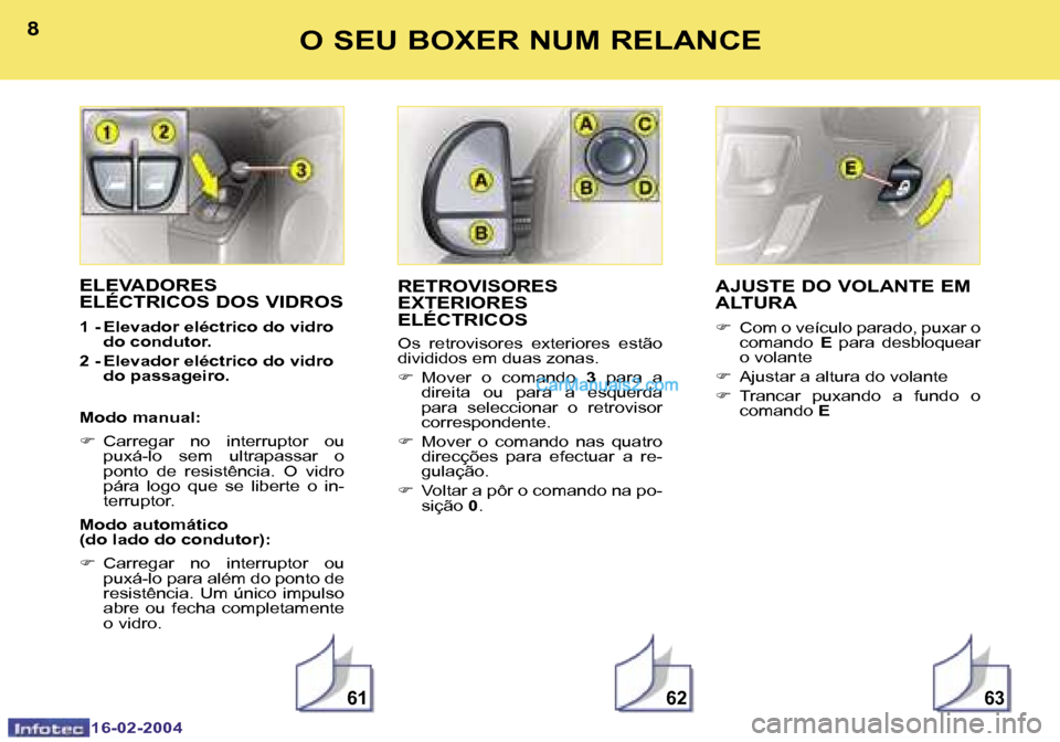 Peugeot Boxer 2004  Manual do proprietário (in Portuguese) �6�1�6�2�6�3
�8
�1�6�-�0�2�-�2�0�0�4
�9
�1�6�-�0�2�-�2�0�0�4
�O� �S�E�U� �B�O�X�E�R� �N�U�M� �R�E�L�A�N�C�E
�E�L�E�V�A�D�O�R�E�S�  
�E�L�É�C�T�R�I�C�O�S� �D�O�S� �V�I�D�R�O�S
�1� �-� �E�l�e�v�a�d�o�r