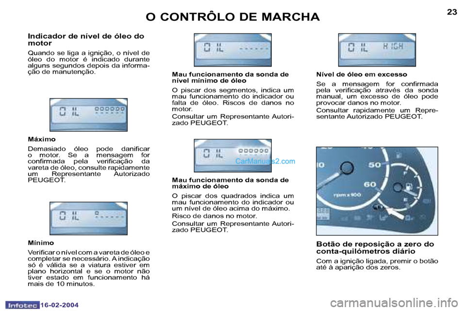 Peugeot Boxer 2004  Manual do proprietário (in Portuguese) �2�2
�1�6�-�0�2�-�2�0�0�4
�2�3
�1�6�-�0�2�-�2�0�0�4
�O� �C�O�N�T�R�Ô�L�O� �D�E� �M�A�R�C�H�A
�I�n�d�i�c�a�d�o�r� �d�e� �n�í�v�e�l� �d�e� �ó�l�e�o� �d�o�  
�m�o�t�o�r
�Q�u�a�n�d�o� �s�e� �l�i�g�a� �