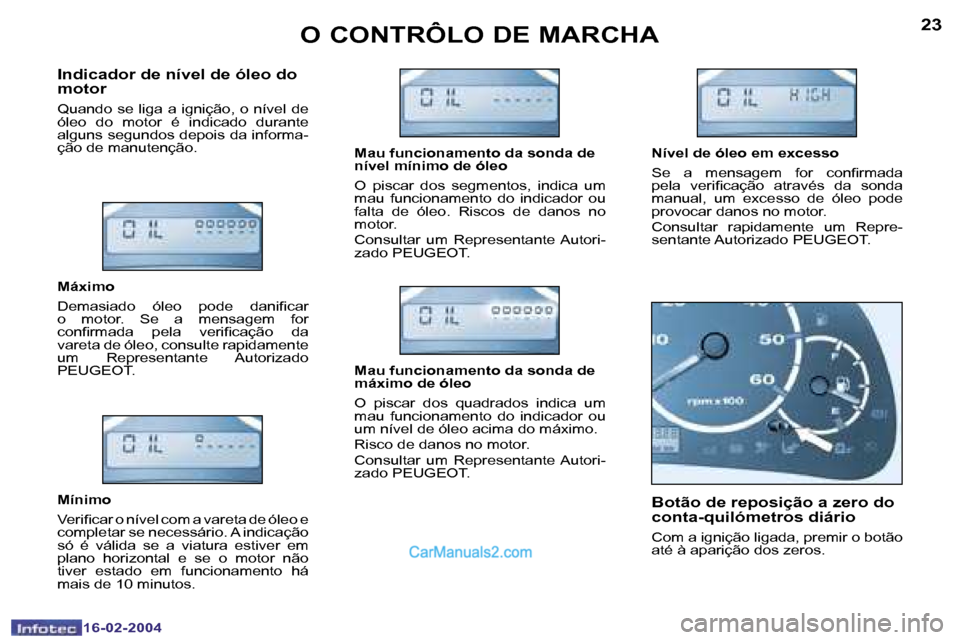 Peugeot Boxer 2004  Manual do proprietário (in Portuguese) �2�2
�1�6�-�0�2�-�2�0�0�4
�2�3
�1�6�-�0�2�-�2�0�0�4
�O� �C�O�N�T�R�Ô�L�O� �D�E� �M�A�R�C�H�A
�I�n�d�i�c�a�d�o�r� �d�e� �n�í�v�e�l� �d�e� �ó�l�e�o� �d�o�  
�m�o�t�o�r
�Q�u�a�n�d�o� �s�e� �l�i�g�a� �