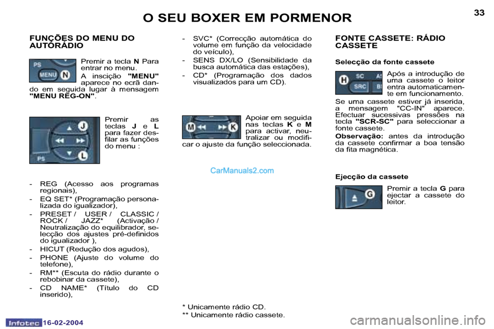 Peugeot Boxer 2004  Manual do proprietário (in Portuguese) �3�2
�1�6�-�0�2�-�2�0�0�4
�3�3
�1�6�-�0�2�-�2�0�0�4
�-� �S�V�C�*�  �(�C�o�r�r�e�c�ç�ã�o�  �a�u�t�o�m�á�t�i�c�a�  �d�o�  
�v�o�l�u�m�e�  �e�m�  �f�u�n�ç�ã�o�  �d�a�  �v�e�l�o�c�i�d�a�d�e� 
�d�o� �