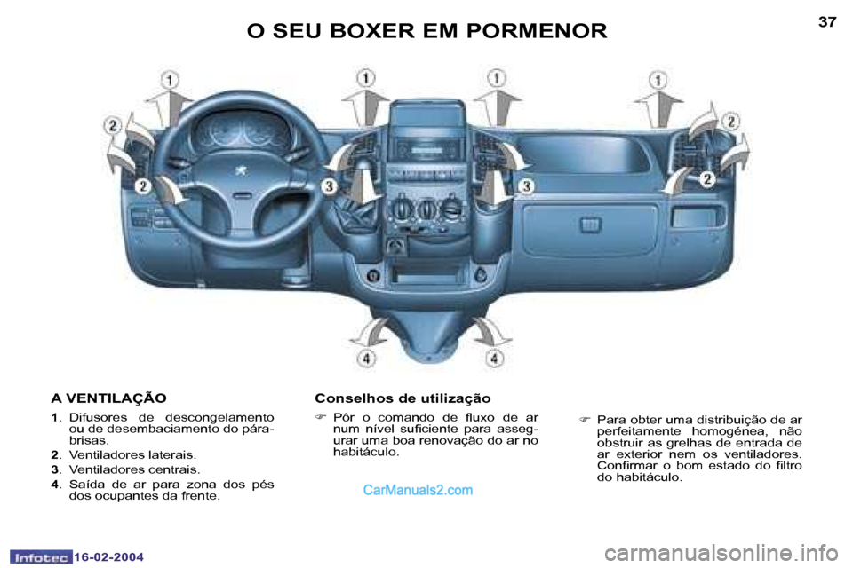 Peugeot Boxer 2004  Manual do proprietário (in Portuguese) �3�6
�1�6�-�0�2�-�2�0�0�4
�3�7
�1�6�-�0�2�-�2�0�0�4
�O� �S�E�U� �B�O�X�E�R� �E�M� �P�O�R�M�E�N�O�R
�A� �V�E�N�T�I�L�A�Ç�Ã�O
�1 �.�  �D�i�f�u�s�o�r�e�s�  �d�e�  �d�e�s�c�o�n�g�e�l�a�m�e�n�t�o� 
�o�u�