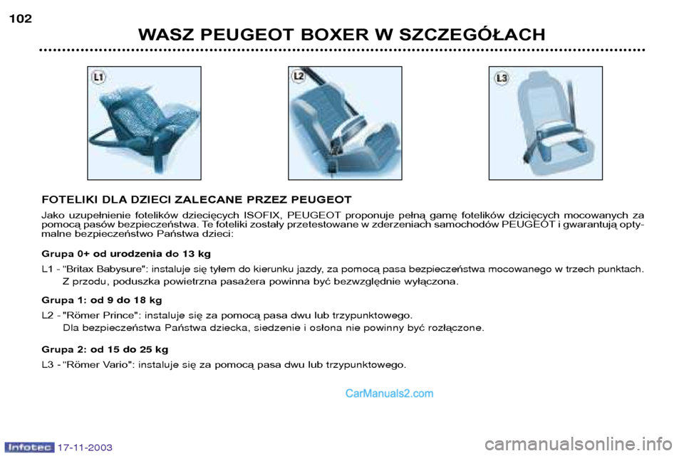 Peugeot Boxer 2003.5  Instrukcja Obsługi (in Polish) 17-11-2003
WASZ PEUGEOT BOXER W SZCZEGÓŁACH
102
FOTELIKI DLA DZIECI 
ZALECANE PRZEZ PEUGEOT
J ako  uzupełnienie  fotelików  dziecięcych  ISOFIX,  PEUGEOT proponuje  pełną  gamę  fotelików  dz