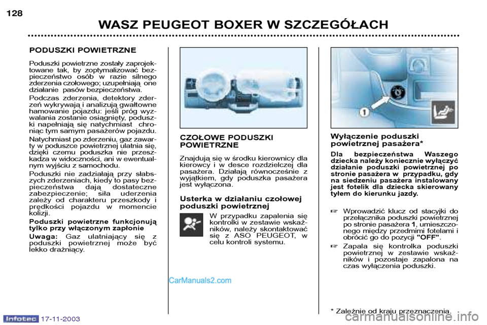 Peugeot Boxer 2003.5  Instrukcja Obsługi (in Polish) 17-11-2003
WASZ PEUGEOT BOXER W SZCZEGÓŁACH
128
PODUSZKI POWIETRZNE 
Poduszki powietrzne zostały zaprojek- 
towane  tak,  by  zoptymalizować  bez-
pieczeństwo  osób  w  razie  silnego
zderzenia 