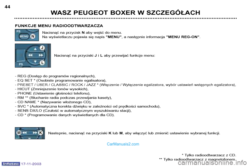 Peugeot Boxer 2003.5  Instrukcja Obsługi (in Polish) 17-11-2003
WASZ PEUGEOT BOXER W SZCZEGÓŁACH
44
FUNKCJE MENU RADIOODTWARZACZA Nacisnąć na przycisk  Naby wejść do menu.
Na wyświetlaczu pojawia się napis  "MENU", a następnie informacja  "MENU