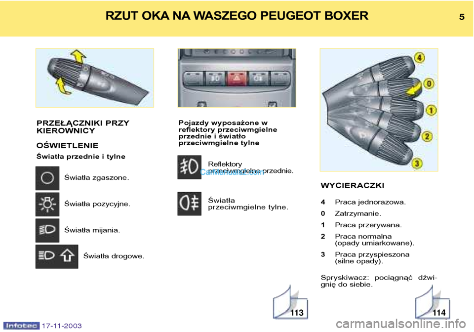 Peugeot Boxer 2003.5  Instrukcja Obsługi (in Polish) Pojazdy wyposażone w  
reflektory przeciwmgielne
przednie i światło 
przeciwmgielne tylneReflektory 
przeciwmgielne przednie. Światła  
przeciwmgielne tylne. WYCIERACZKI 4
Praca jednorazowa.
0 Za