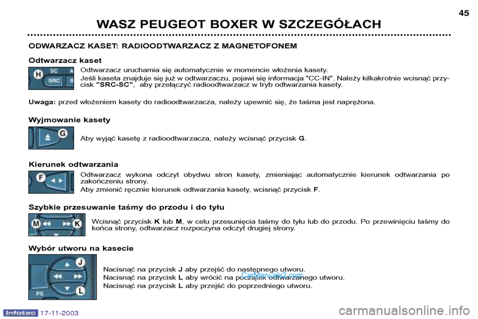 Peugeot Boxer 2003.5  Instrukcja Obsługi (in Polish) 17-11-2003
WASZ PEUGEOT BOXER W SZCZEGÓŁACH45
ODWARZACZ KASET: RADIOODTWARZACZ Z MAGNETOFONEM 
Odtwarzacz kaset Odtwarzacz uruchamia się automatycznie w momencie włożenia kasety. 
Jeśli kaseta z