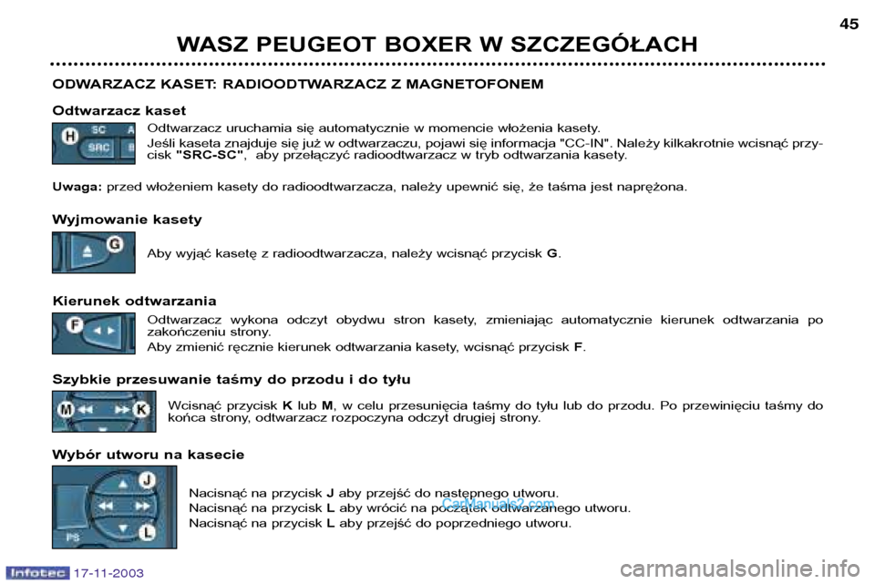 Peugeot Boxer 2003.5 Instrukcja Obsługi (in Polish) 17-11-2003
WASZ PEUGEOT BOXER W SZCZEGÓŁACH45
ODWARZACZ KASET: RADIOODTWARZACZ Z MAGNETOFONEM
Odtwarzacz kaset Odtwarzacz uruchamia się automatycznie w momencie włożenia kasety.
Jeśli kaseta z Peugeot Boxer 2003.5 Instrukcja Obsługi (in Polish) 17-11-2003
WASZ PEUGEOT BOXER W SZCZEGÓŁACH45
ODWARZACZ KASET: RADIOODTWARZACZ Z MAGNETOFONEM
Odtwarzacz kaset Odtwarzacz uruchamia się automatycznie w momencie włożenia kasety.
Jeśli kaseta z