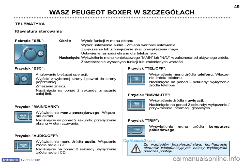 Peugeot Boxer 2003.5 Instrukcja Obsługi (in Polish) TELEMATYKA
Klawiatura sterowania
Pokrętło "SEL": Obrót:Wybór funkcji w menu ekranu.
Wybór ustawienia audio - Zmiana wartości ustawienia.
Zwiększenie lub zmniejszenie skali powiększenia mapy Peugeot Boxer 2003.5 Instrukcja Obsługi (in Polish) TELEMATYKA
Klawiatura sterowania
Pokrętło "SEL": Obrót:Wybór funkcji w menu ekranu.
Wybór ustawienia audio - Zmiana wartości ustawienia.
Zwiększenie lub zmniejszenie skali powiększenia mapy