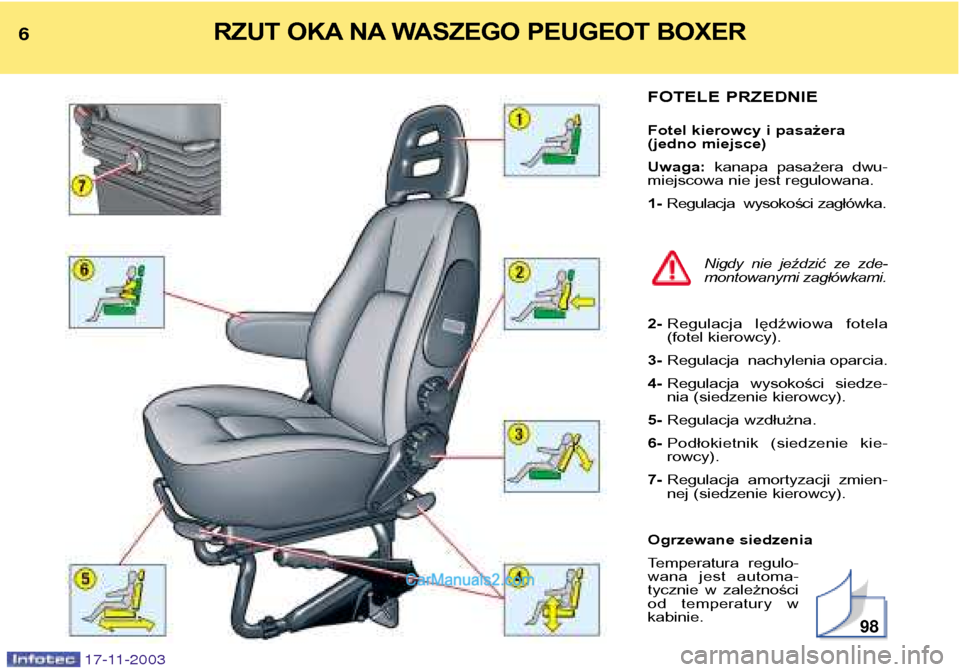 Peugeot Boxer 2003.5  Instrukcja Obsługi (in Polish) FOTELE PRZEDNIE 
Fotel kierowcy i pasażera 
(jedno miejsce) Uwaga: kanapa  pasażera  dwu-
miejscowa nie jest regulowana.1- Regulacja wysokości zagłówka.
Nigdy  nie  jeździć  ze  zde- 
montowany