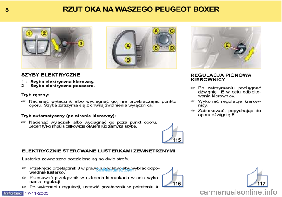 Peugeot Boxer 2003.5  Instrukcja Obsługi (in Polish) SZYBY ELEKTRYCZNE 
1 - Szyba elektryczna kierowcy. 
2 - Szyba elektryczna pasażera. 
Tryb ręczny: Nacisnąć  wyłącznik  albo  wyciągnąć  go,  nie  przekraczając  punktu
oporu. Szyba zatrzyma
