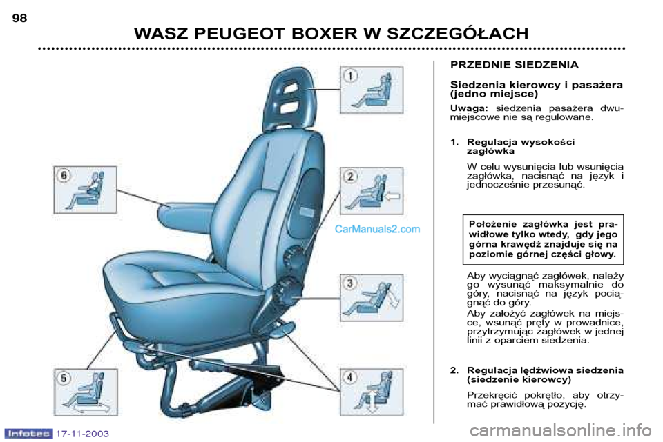 Peugeot Boxer 2003.5  Instrukcja Obsługi (in Polish) 17-11-2003
PRZEDNIE SIEDZENIA 
Siedzenia kierowcy i pasażera 
(jedno miejsce) Uwaga: siedzenia  pasażera  dwu-
miejscowe nie są regulowane. 
1. Regulacja wysokości zagłówka 
W celu wysunięcia l