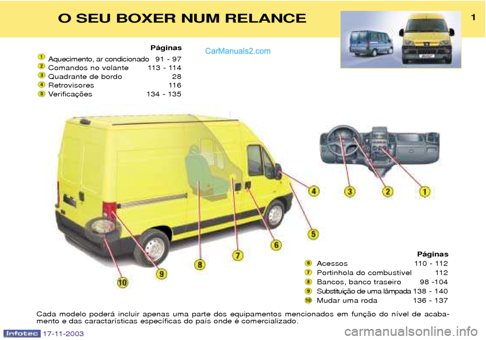 Peugeot Boxer 2003.5  Manual do proprietário (in Portuguese) P‡ginas
Acessos 110 - 112 
Portinhola do combust’vel 112
Bancos, banco traseiro 98 -104Substitui 138 - 140
Mudar uma roda 136 - 137
O SEU BOXER NUM RELANCE1
17-11-2003
P‡ginas
Aquecimento, ar co