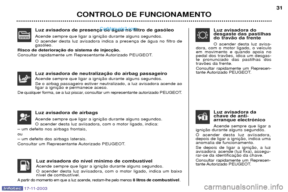 Peugeot Boxer 2003.5  Manual do proprietário (in Portuguese) Luz avisadora de presen Acende sempre que ligar a igni O acender desta luz avisadora indica a presen gas—leo.
Risco de deteriora 
Consultar rapidamente um Representante Autorizado PEUGEOT.
CONTROLO 