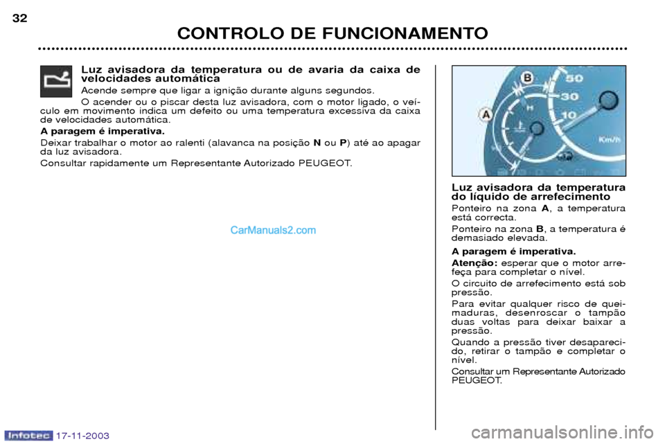 Peugeot Boxer 2003.5  Manual do proprietário (in Portuguese) CONTROLO DE FUNCIONAMENTO
32
17-11-2003
Luz avisadora da temperatura ou de avaria da caixa de velocidades autom‡tica  Acende sempre que ligar a igniO acender ou o piscar desta luz avisadora, com o m