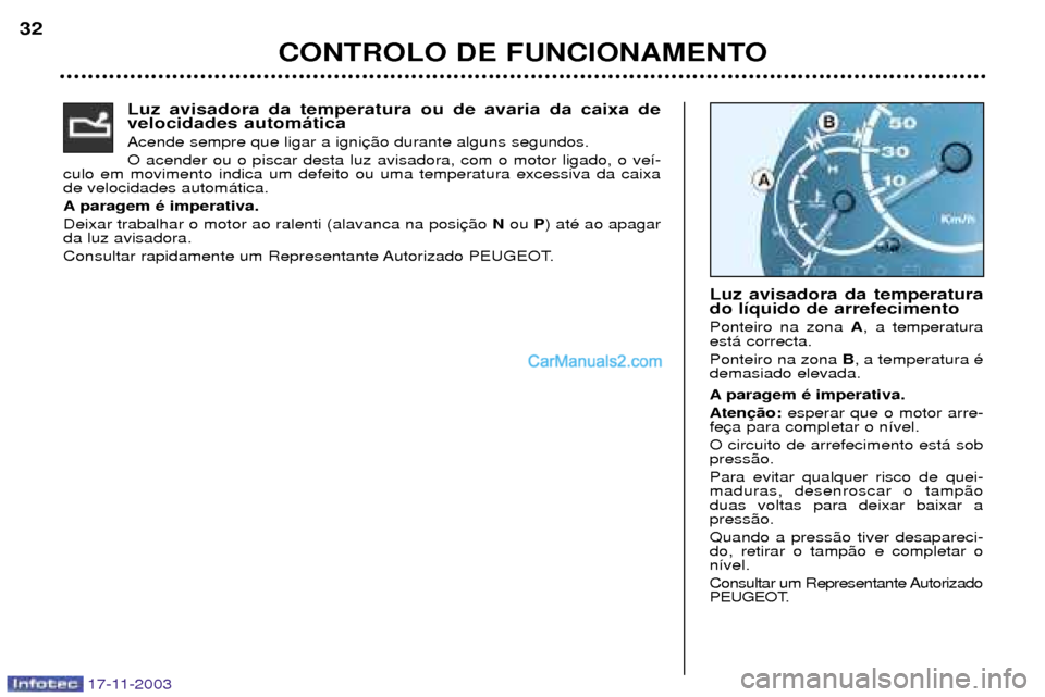 Peugeot Boxer 2003.5  Manual do proprietário (in Portuguese) CONTROLO DE FUNCIONAMENTO
32
17-11-2003
Luz avisadora da temperatura ou de avaria da caixa de velocidades autom‡tica  Acende sempre que ligar a igniO acender ou o piscar desta luz avisadora, com o m