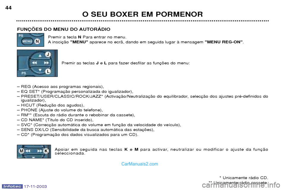Peugeot Boxer 2003.5  Manual do proprietário (in Portuguese) O SEU BOXER EM PORMENOR
44
FUN‚ÍES DO MENU DO AUTORçDIO Premir a tecla NPara entrar no menu.
A insci "MENU"aparece no ecr‹, dando em seguida lugar ˆ mensagem  "MENU REG-ON".
Premir as teclas  J