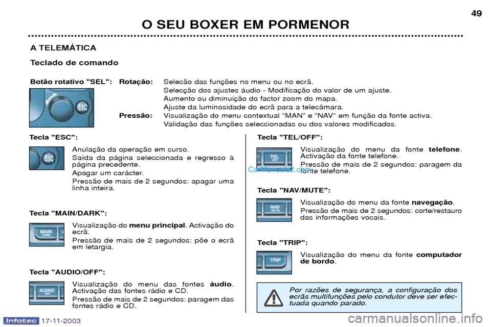 Peugeot Boxer 2003.5 Manual do proprietário (in Portuguese) A TELEMçTICA
Teclado de comando
Bot‹o rotativo "SEL": RotaSelec‹o das fun SelecAumento ou diminuiAjuste da luminosidade do ecr‹ para a telec‰mara.
Press‹o: Visualiza
Valida
Tecla "ESC": A Peugeot Boxer 2003.5 Manual do proprietário (in Portuguese) A TELEMçTICA
Teclado de comando
Bot‹o rotativo "SEL": RotaSelec‹o das fun SelecAumento ou diminuiAjuste da luminosidade do ecr‹ para a telec‰mara.
Press‹o: Visualiza
Valida
Tecla "ESC": A