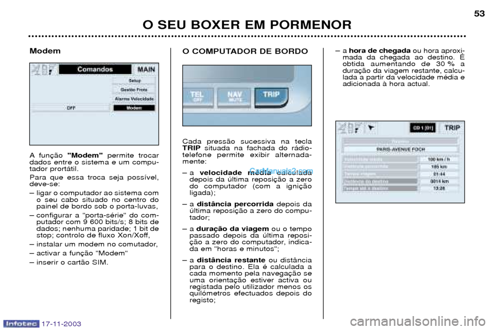 Peugeot Boxer 2003.5  Manual do proprietário (in Portuguese) O SEU BOXER EM PORMENOR53
17-11-2003
Modem 
A fun
"Modem" permite trocar
dados entre o sistema e um compu- tador prort‡til. Para que essa troca seja poss’vel, deve-se: 
Ð ligar o computador ao si