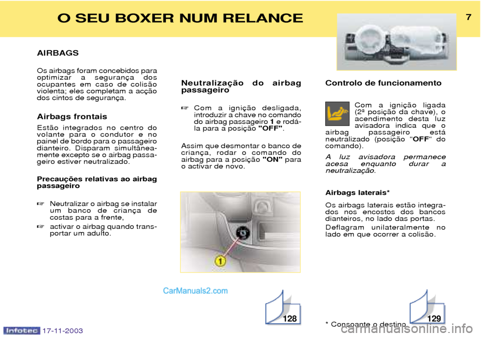 Peugeot Boxer 2003.5  Manual do proprietário (in Portuguese) Controlo de funcionamento  Com a igni (2» posiacendimento desta luzavisadora indica que o
airbag passageiro est‡neutralizado (posi OFF" do
comando). 
A luz avisadora permanece acesa enquanto durar 