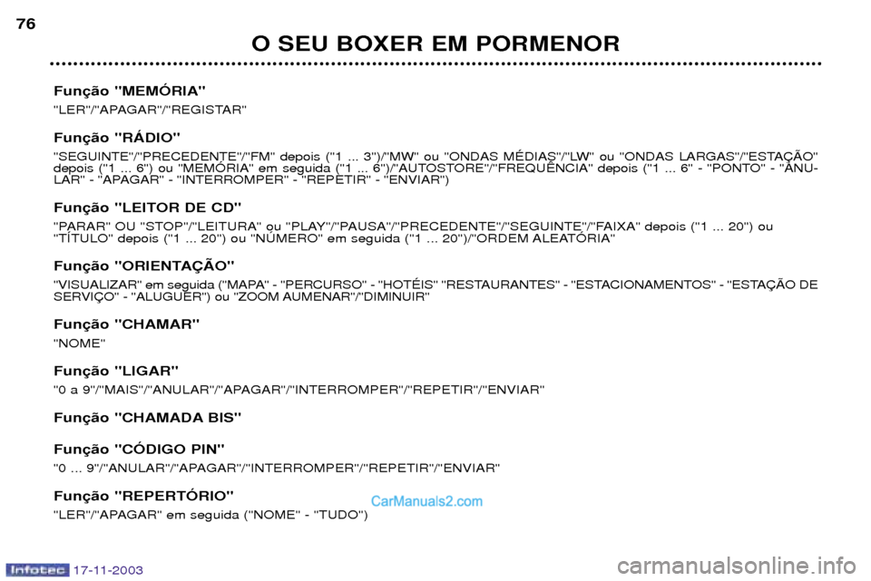 Peugeot Boxer 2003.5  Manual do proprietário (in Portuguese) 17-11-2003
O SEU BOXER EM PORMENOR
76
Fun 
"LER"/"APAGAR"/"REGISTAR" Fun 
"SEGUINTE"/"PRECEDENTE"/"FM" depois ("1 ... 3")/"MW" ou "ONDAS MƒDIAS"/"LW" ou "ONDAS LARGAS"/"ESTA‚ÌO" 
depois ("1 ... 6"