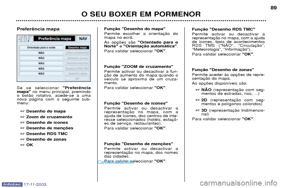 Peugeot Boxer 2003.5  Manual do proprietário (in Portuguese) O SEU BOXER EM PORMENOR89
Se se seleccionar 
"Prefer
mapa"  no menu principal, premindo
o bot‹o rotativo, acede-se a uma nova p‡gina com o seguinte sub-menu:
 Desenho do mapa
 Zoom de cruzamento