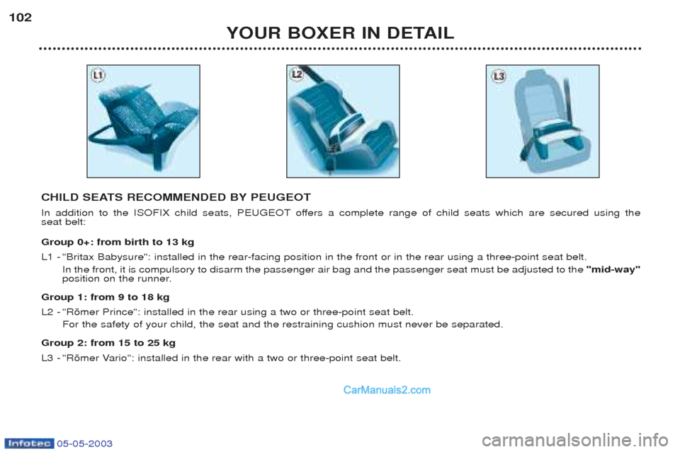 Peugeot Boxer 2003  Owners Manual 05-05-2003
YOUR BOXER IN DETAIL
102
CHILD SEATS RECOMMENDED BY PEUGEOT 
In addition to the ISOFIX child seats, PEUGEOT offers a complete range of child seats which are secured using the  seat belt: Gr
