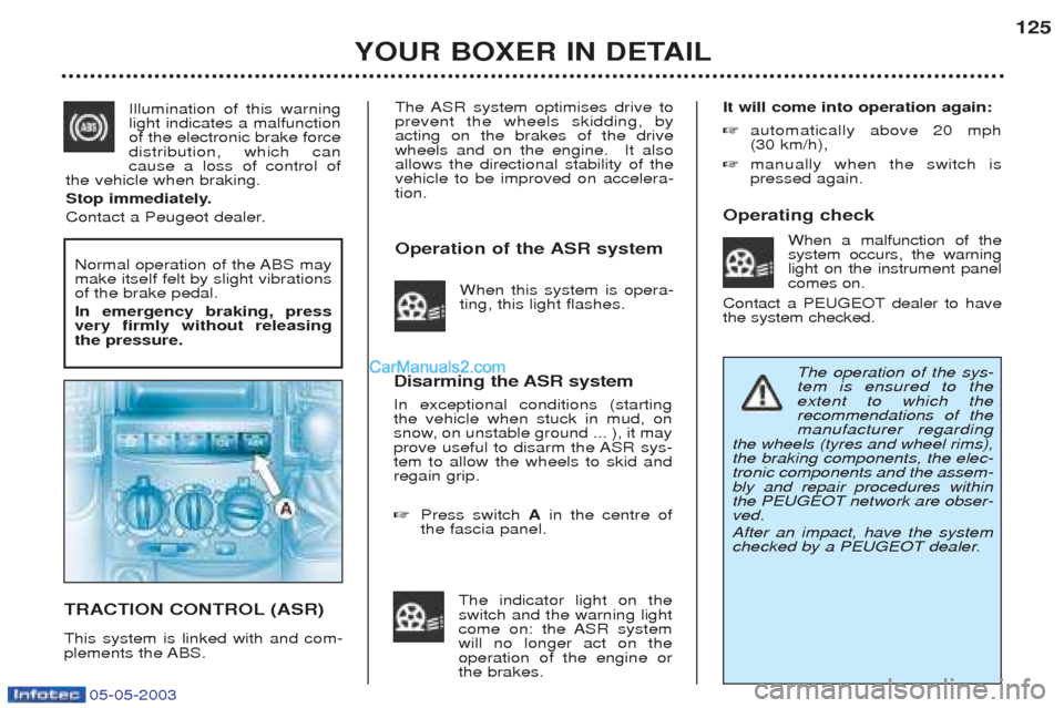 Peugeot Boxer 2003 Owners Manual 05-05-2003
The ASR system optimises drive to prevent the wheels skidding, byacting on the brakes of the drivewheels and on the engine. It alsoallows the directional stability of thevehicle to be impr Peugeot Boxer 2003 Owners Manual 05-05-2003
The ASR system optimises drive to prevent the wheels skidding, byacting on the brakes of the drivewheels and on the engine. It alsoallows the directional stability of thevehicle to be impr