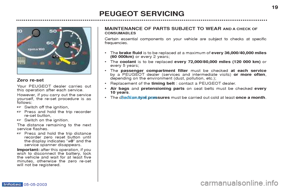 Peugeot Boxer 2003 Owners Manual 05-05-2003
Zero re-set Your PEUGEOT dealer carries out
this operation after each service.
However, if you carry out the service yourself, the re-set procedure is asfollows: ☞ Switch off the ignit Peugeot Boxer 2003 Owners Manual 05-05-2003
Zero re-set Your PEUGEOT dealer carries out
this operation after each service.
However, if you carry out the service yourself, the re-set procedure is asfollows: ☞ Switch off the ignit