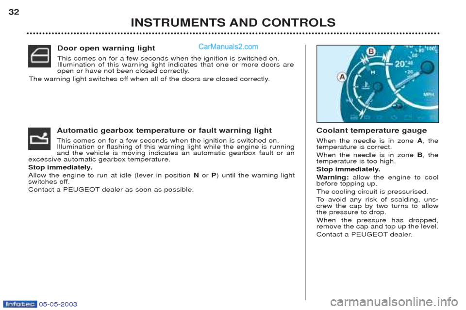 Peugeot Boxer 2003  Owners Manual 05-05-2003
INSTRUMENTS AND CONTROLS
32
Automatic gearbox temperature or fault warning light This comes on for a few seconds when the ignition is switched on. Illumination or flashing of this warning l