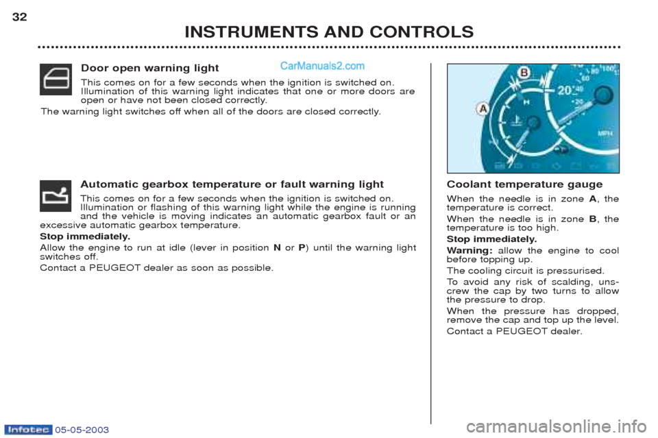 Peugeot Boxer 2003 Owners Manual 05-05-2003
INSTRUMENTS AND CONTROLS
32
Automatic gearbox temperature or fault warning light This comes on for a few seconds when the ignition is switched on. Illumination or flashing of this warning l Peugeot Boxer 2003 Owners Manual 05-05-2003
INSTRUMENTS AND CONTROLS
32
Automatic gearbox temperature or fault warning light This comes on for a few seconds when the ignition is switched on. Illumination or flashing of this warning l