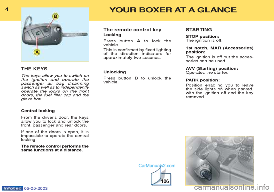 Peugeot Boxer 2003  Owners Manual 4YOUR BOXER AT A GLANCE
05-05-2003
THE KEYS The keys allow you to switch on the ignition and operate thepassenger air bag disarmingswitch as well as to independentlyoperate the locks on the frontdoors
